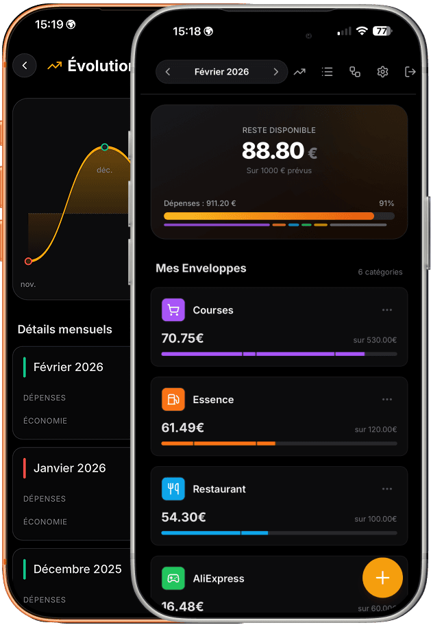 Capture d'écran de BudgetFlow sur iPhone en mode sombre