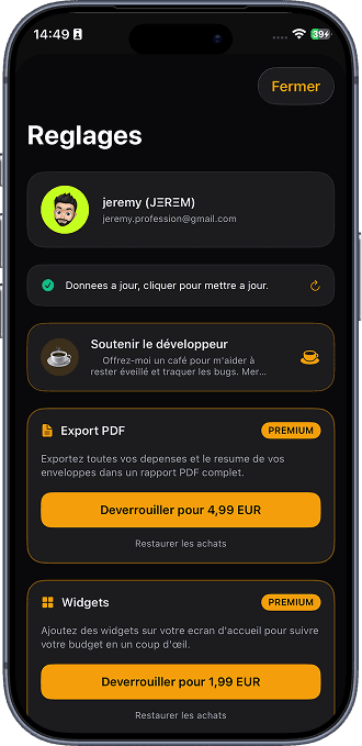 Paramètres Vizualy Budget iOS